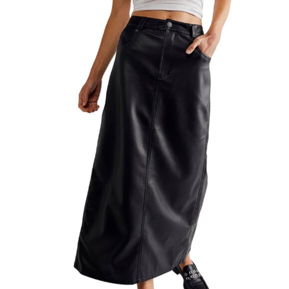 NWT Free People City Slicker Vegan Leather Maxi Skirt 10 Black Noir $128.00 - Picture 10 of 11